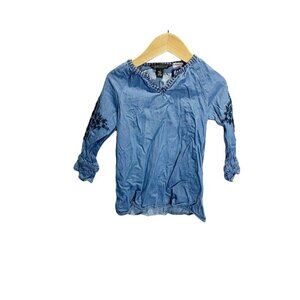 Coupe Collection Girls 5 Blue Denim Chambray Blouse Embroidered Floral Sleeve